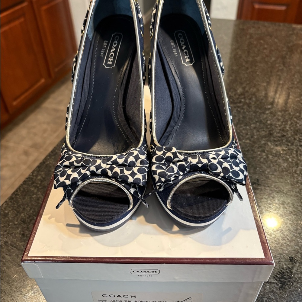 Coach Blue and White Peep-Toe Heels